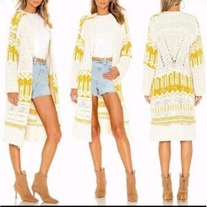 Free People $228 Astrid Cardigan Yellow Cream Women's M Open Knit Cozy U.5